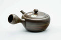 Dark green nerikomi Tokoname kyusu, three-quarter view from the opposite side with the spout to the right