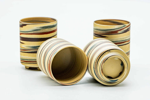 Japanese Teacups - Set of 4 Yellow Nerikomi Tokoname-yaki Yunomi - 90ml