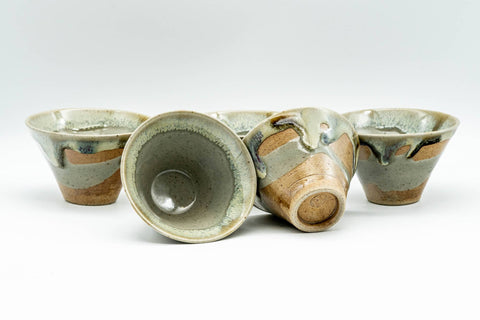 Japanese Tea Set - Hare's Fur Drip-Glazed Akogi-yaki Shiboridashi Teapot with 5 Guinomi Teacups - the five teacups with one tilted to show the interior