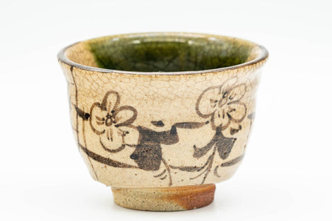 Japanese Teacup - Floral Geometric Green Drip-Glazed Oribe-yaki Guinomi - 50ml
