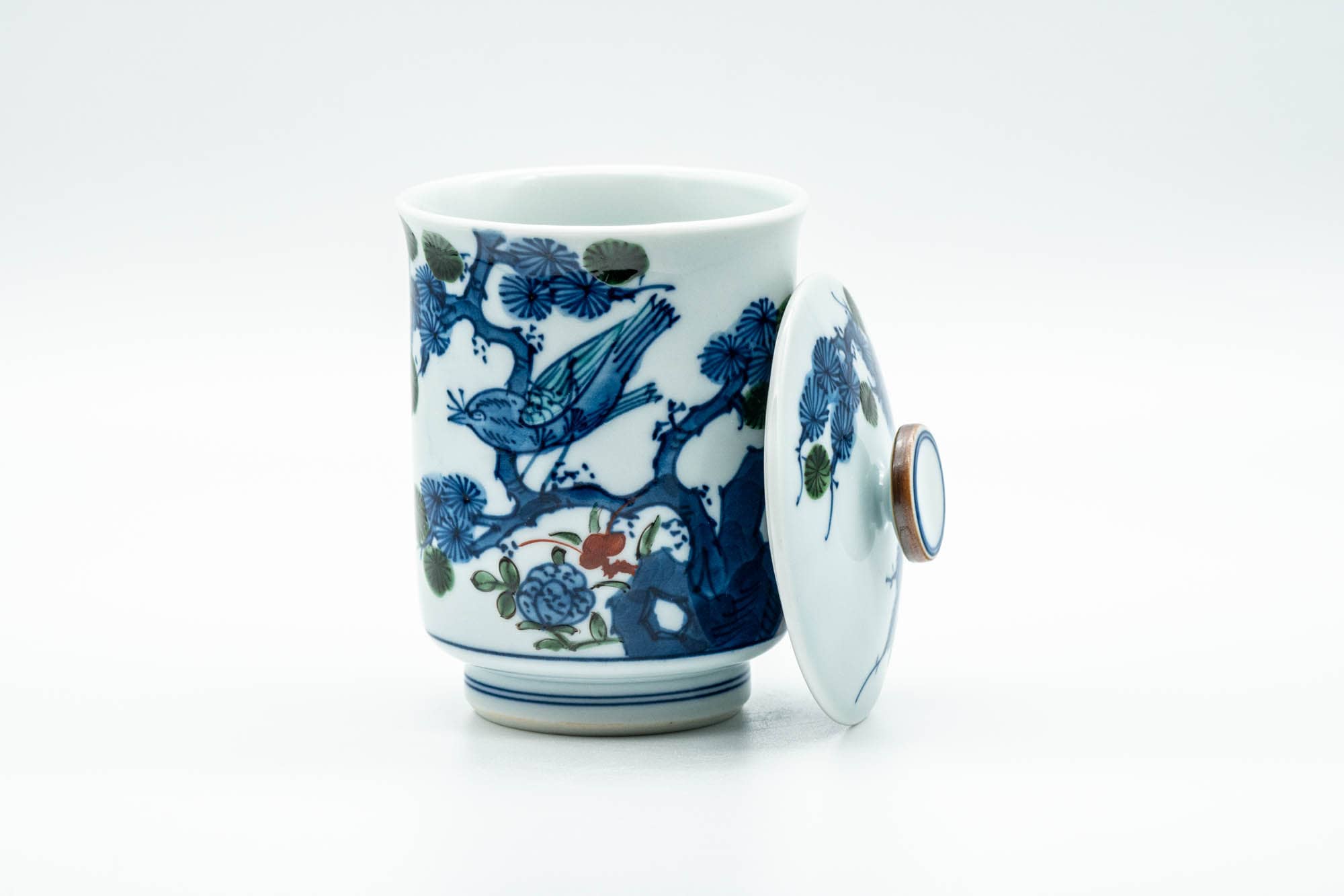 Japanese Teacup - Blue Bird Floral Arita-yaki Lidded Yunomi - 160ml