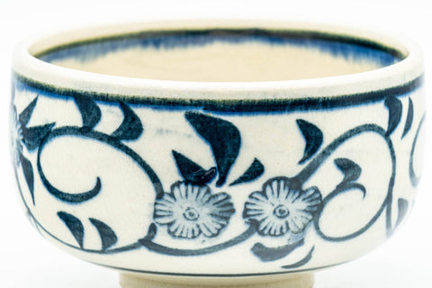 Japanese Matcha Bowl - Blue Floral Geometric Hantsutsu-gata Chawan - 350ml - Tezumi