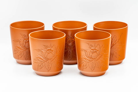 Japanese Tea Set - Floral Engraved Tokoname-yaki Kyusu Teapot with 5 Yunomi Teacups