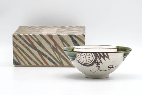 Japanese Matcha Bowl - Abstract Green White Glazed Oribe-yaki Chawan - 150ml