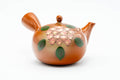 Japanese Kyusu - Floral Red Shudei Tokoname-yaki Mesh Basket Teapot - 280ml - three-quarter view of the red shudei body with painted pink and green floral decoration, lid on and side handle to the right