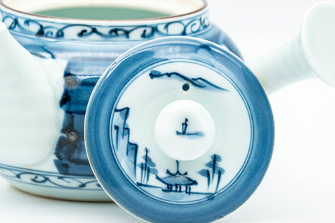 Tezumi — Japanese Kyusu - Blue Striped Village Arita-yaki Debeso Teapot - 300ml — closeup of the decoration