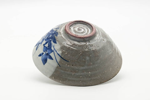 Japanese Matcha Bowl - Blue Floral Grey Glazed Chawan - 300ml