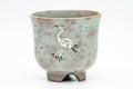 Japanese Matcha Bowl - Standing Crane Grey Pink Gohonte Glazed Winter Chawan with Tomobako Wooden Box - 450ml - front view showing the painted standing crane motif