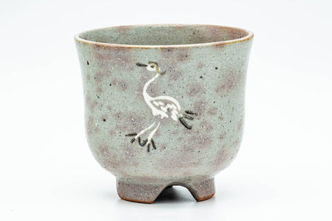 Japanese Matcha Bowl - Standing Crane Grey Pink Gohonte Glazed Winter Chawan with Tomobako Wooden Box - 450ml - front view showing the painted standing crane motif
