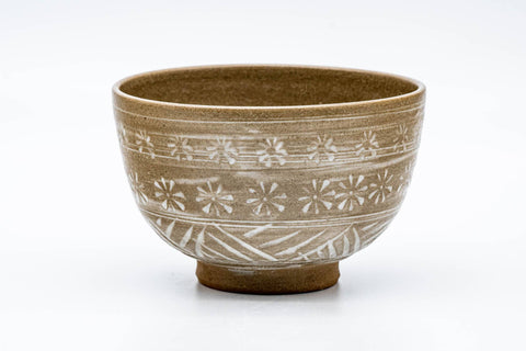 Japanese Matcha Bowl - Brown Chrysanthemum-stamped Mishima Wan-nari Chawan - 475ml