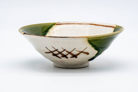 Japanese Matcha Bowl - Beige Green Hira-gata Oribe-yaki Chawan - 150ml