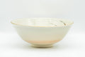 Japanese Matcha Bowl - Beige Gold Pond Leaves Kyo-yaki Summer Chawan - Juraku - 200ml - side view turned slightly, showing the painted band