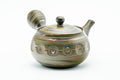 Angled view with the side handle at right and the spout to the lower left.