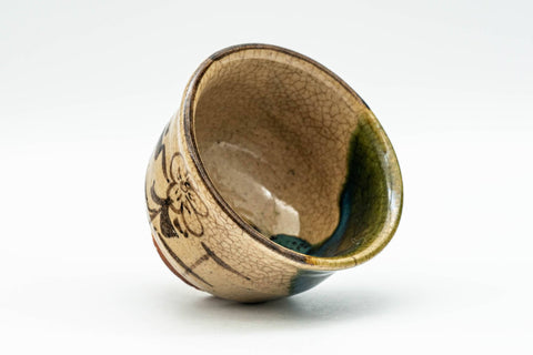 Japanese Teacup - Floral Geometric Green Drip-Glazed Oribe-yaki Guinomi - 50ml