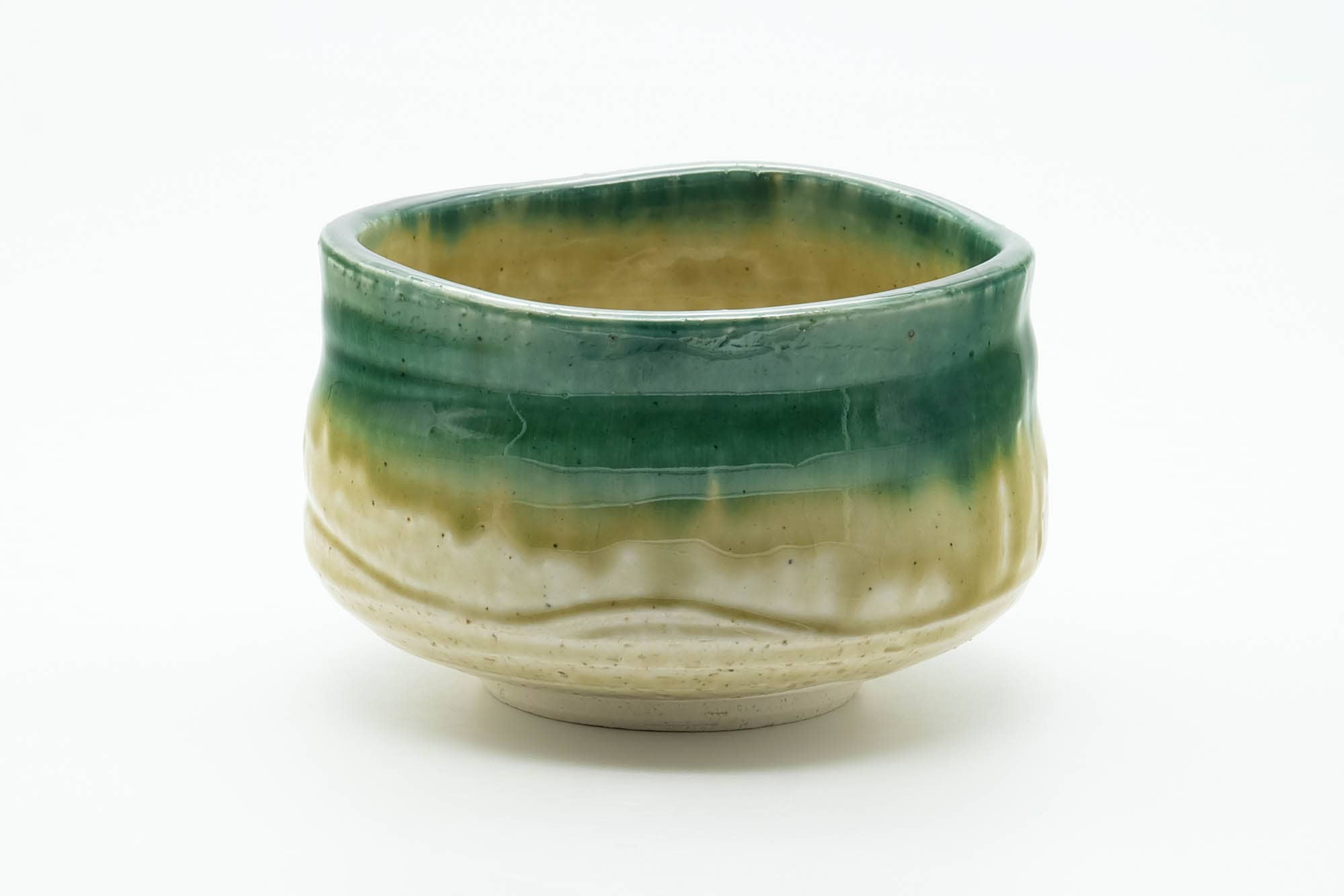 Japanese Matcha Bowl - Beige Green Drip-Glazed Undulating Chawan - 400ml