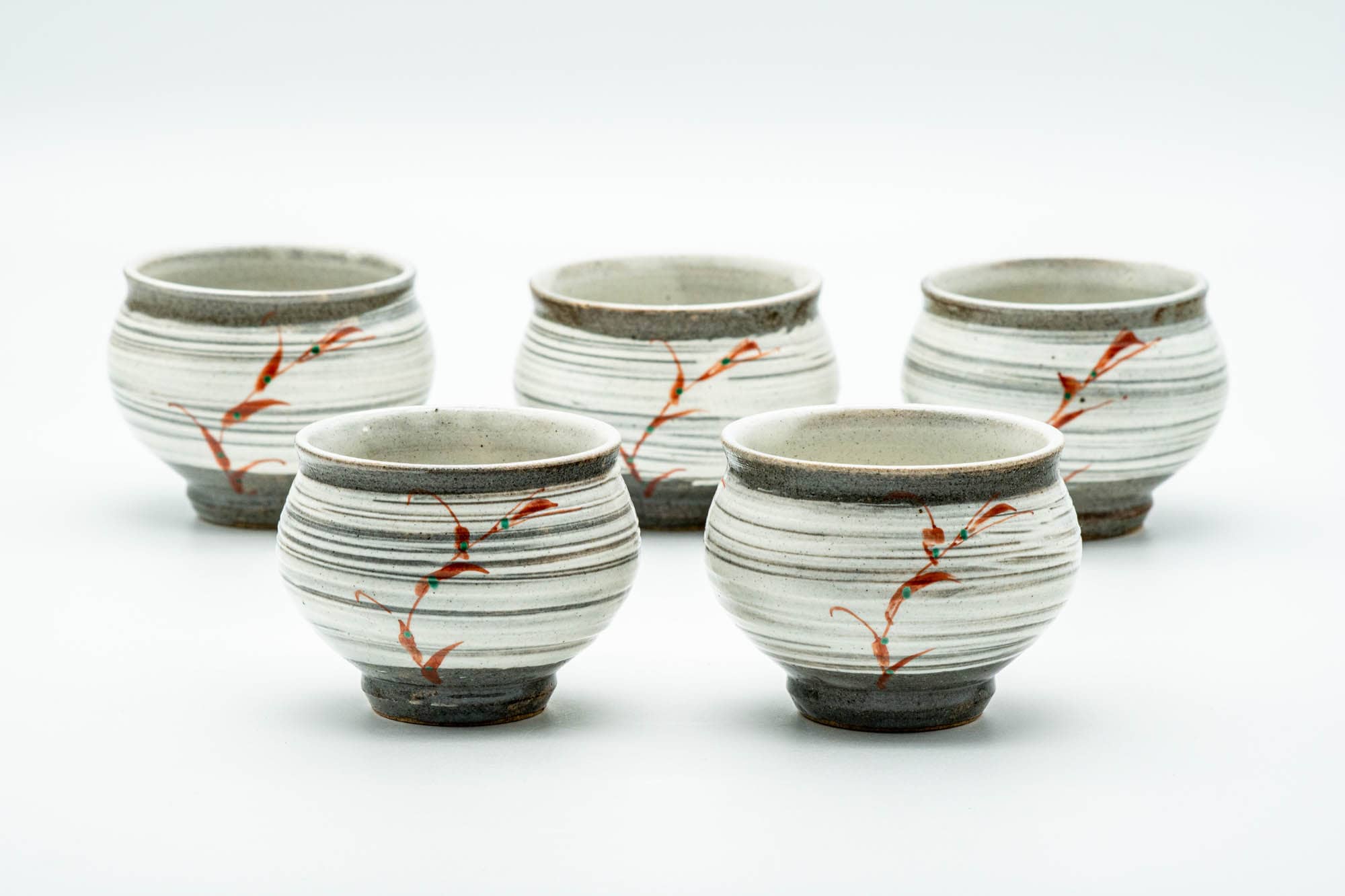 Japanese Tea Set - Grey White Hakeme Brush Glazed Kyusu Teapot with 5 Yunomi Teacups