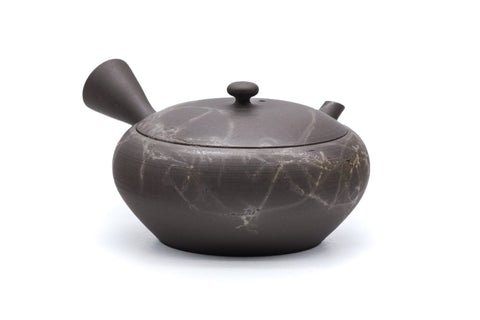 Mogake yakishime unglazed Tokoname kyusu teapot with side handle - side view with the spout to the left