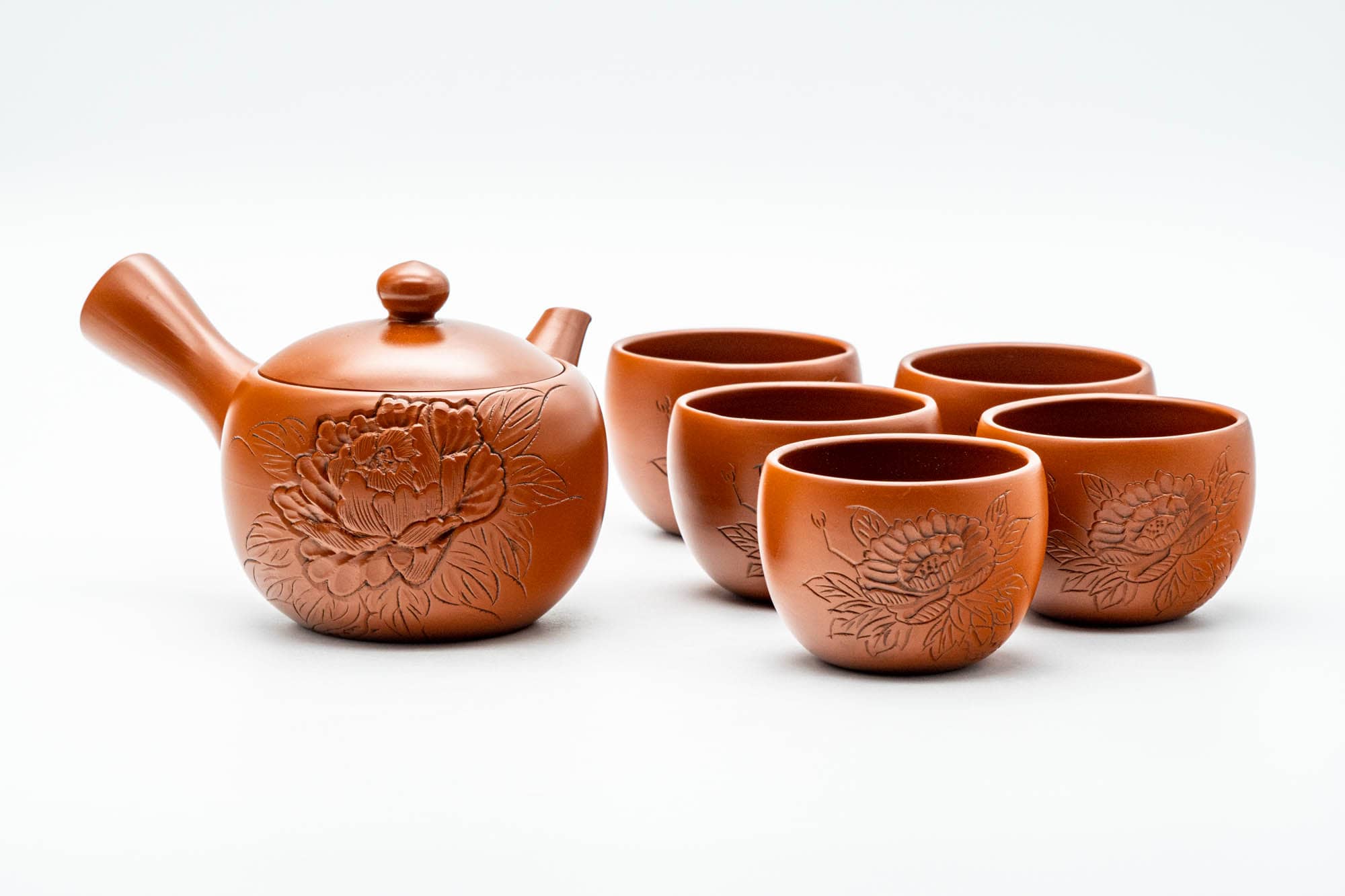 Japanese Tea Set - Camellia Engraved Shudei Tokoname-yaki Kyusu Teapot with 5 Yunomi Teacups