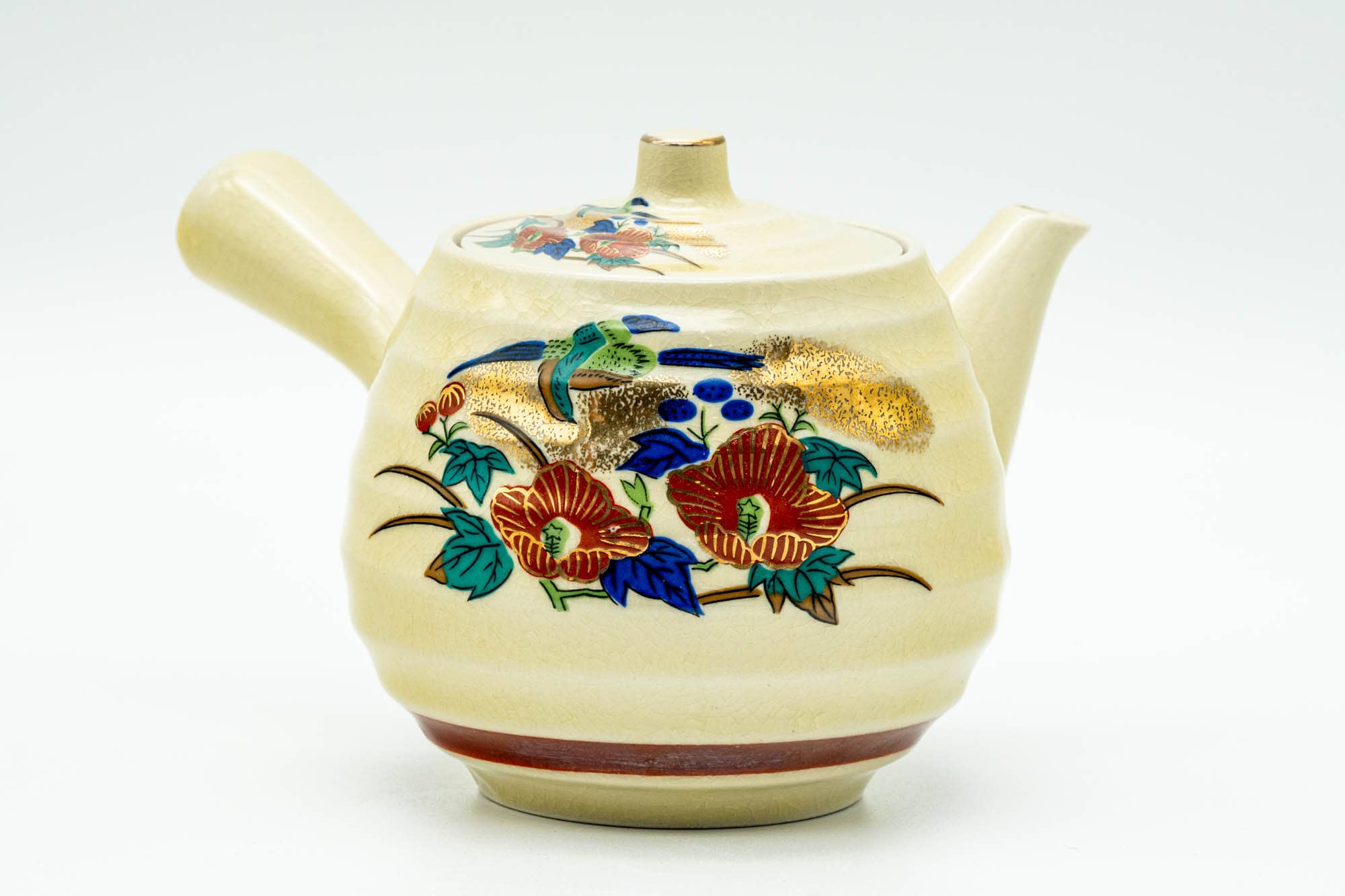 Japanese Tea Set - Floral Beige Kutani-yaki Kyusu Teapot with 4 Yunomi Teacups
