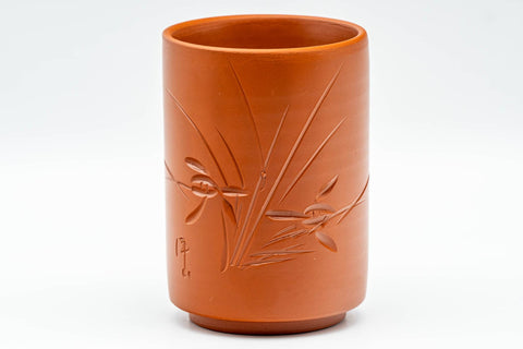 Japanese Teacups - Pair of Bamboo Engraved Tokoname-yaki Meoto Yunomi - closeup of a single cup showing the engraved bamboo motif