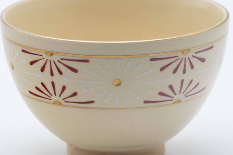 Tezumi — Japanese Matcha Bowl - Red White Geometric Beige Glazed Kyo-yaki Chawan - 400ml — tipped to show the interior