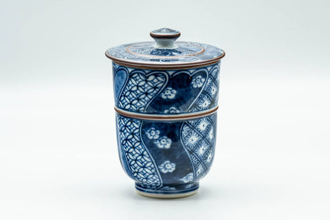 Japanese Teacup - Blue Floral Geometric Wavy Arita-yaki Lidded Yunomi - 130ml