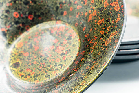 Japanese Chataku - Set of 5 Green Red Speckled Black Lacquer Tea Saucers