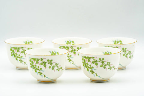 Japanese Teacups - Set of 5 Floral Lightweight Porcelain Yunomi - 125ml - all five porcelain teacups arranged together