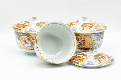 Japanese Tea Set - Floral Arita-yaki Dobin Teapot with 3 Lidded Yunomi Teacups - teapot shown with two cups arranged
