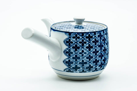 Japanese Kyusu - Blue Geometric Tessellated Arita-yaki Porcelain Teapot - 350ml - side profile with the spout to the left