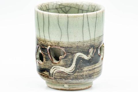 Tezumi — Japanese Teacup - Small Celadon Glazed Obori Soma-yaki Guinomi - 25ml — tipped to show the interior