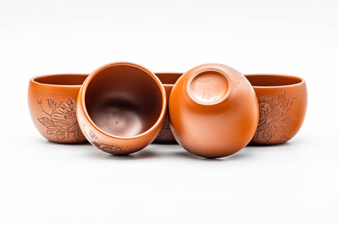 Japanese Tea Set - Camellia Engraved Shudei Tokoname-yaki Kyusu Teapot with 5 Yunomi Teacups