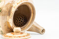 Tezumi — Japanese Kyusu - Weathered Beige Floral Bamboo Decorated Debeso Teapot - 270ml — side profile showing the spout and handle