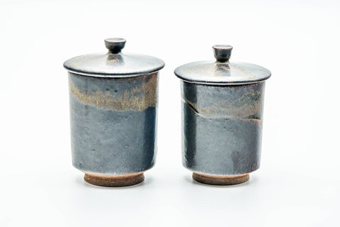 Japanese Teacups - Pair of Matte Drip-Glazed Meoto Yunomi - the two cups side by side at a slight angle