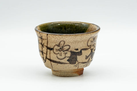 Japanese Teacup - Floral Geometric Green Drip-Glazed Oribe-yaki Guinomi - 50ml