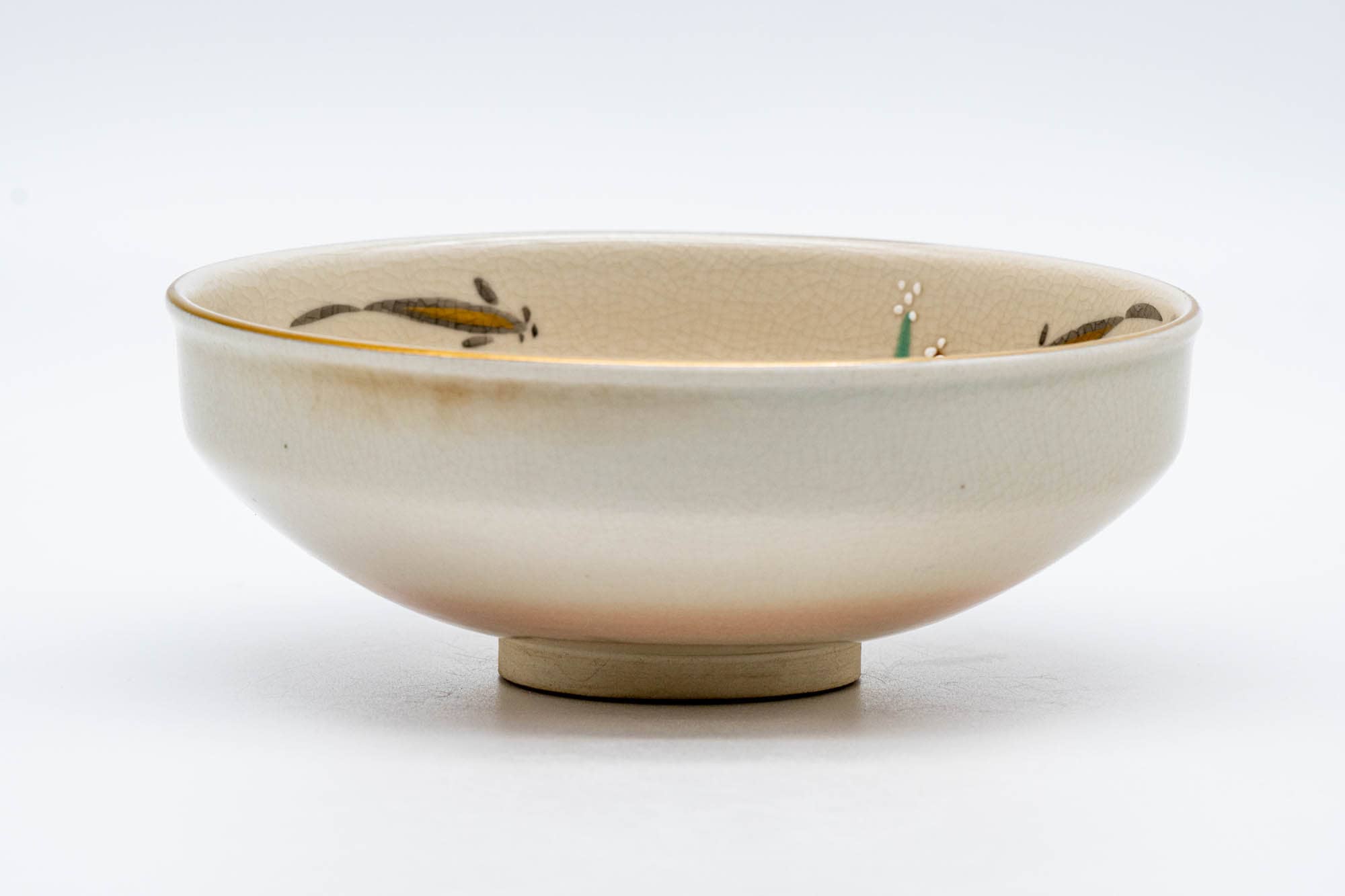 Japanese Matcha Bowl - Beige Gold Floral Kyo-yaki Hira-gata Chawan - 200ml