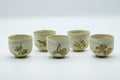 Tezumi — Japanese Tea Set - Beige Speckled Floral Kiyomizu-yaki Dobin Teapot with 5 Yunomi Teacups — closeup of a single piece