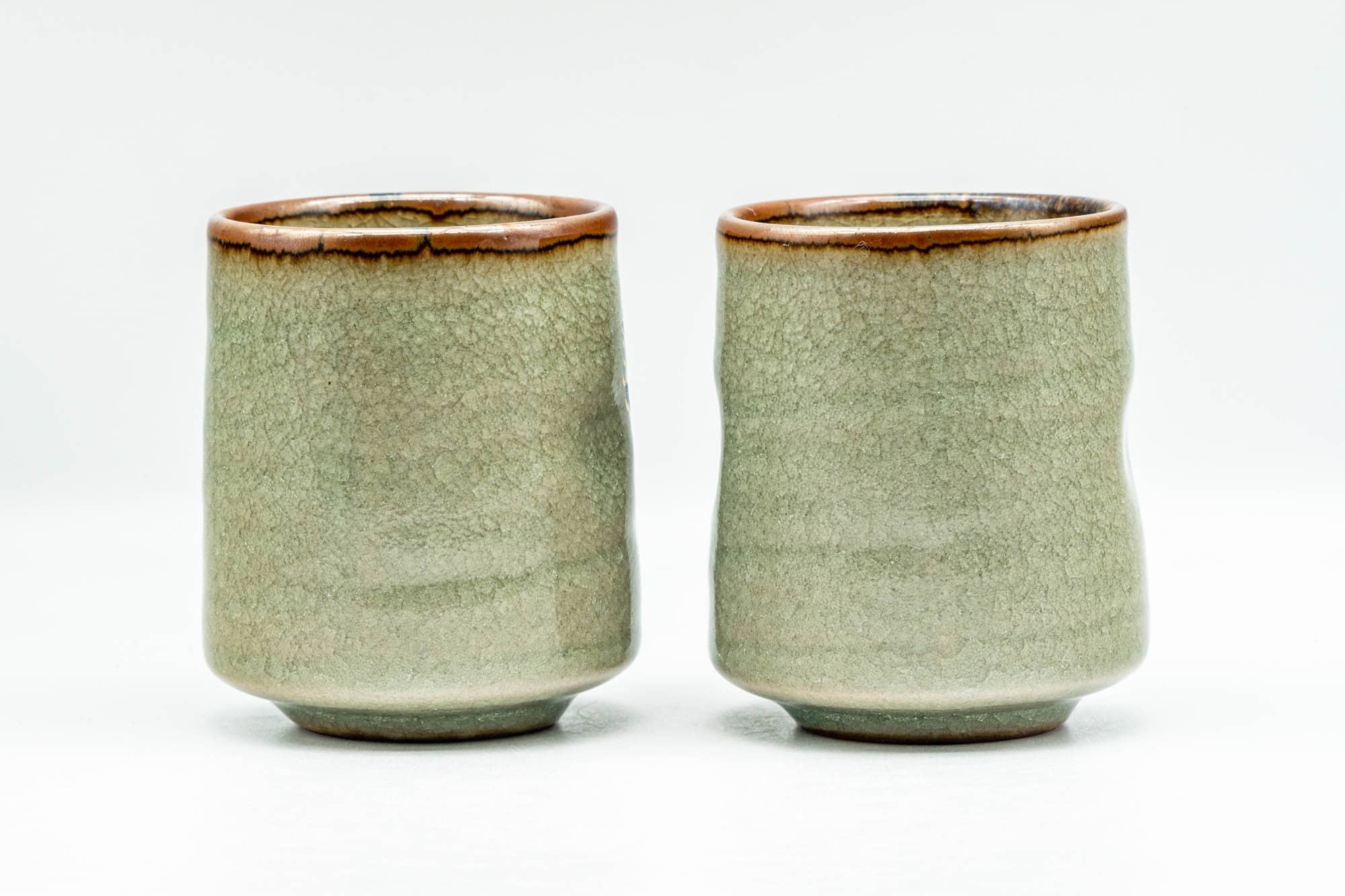 Japanese Teacups - Pair of Geometric Green Celadon Glazed Yunomi - 180ml