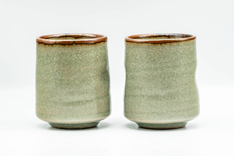 Japanese Teacups - Pair of Geometric Green Celadon Glazed Yunomi - 180ml - pair side by side, alternate angle