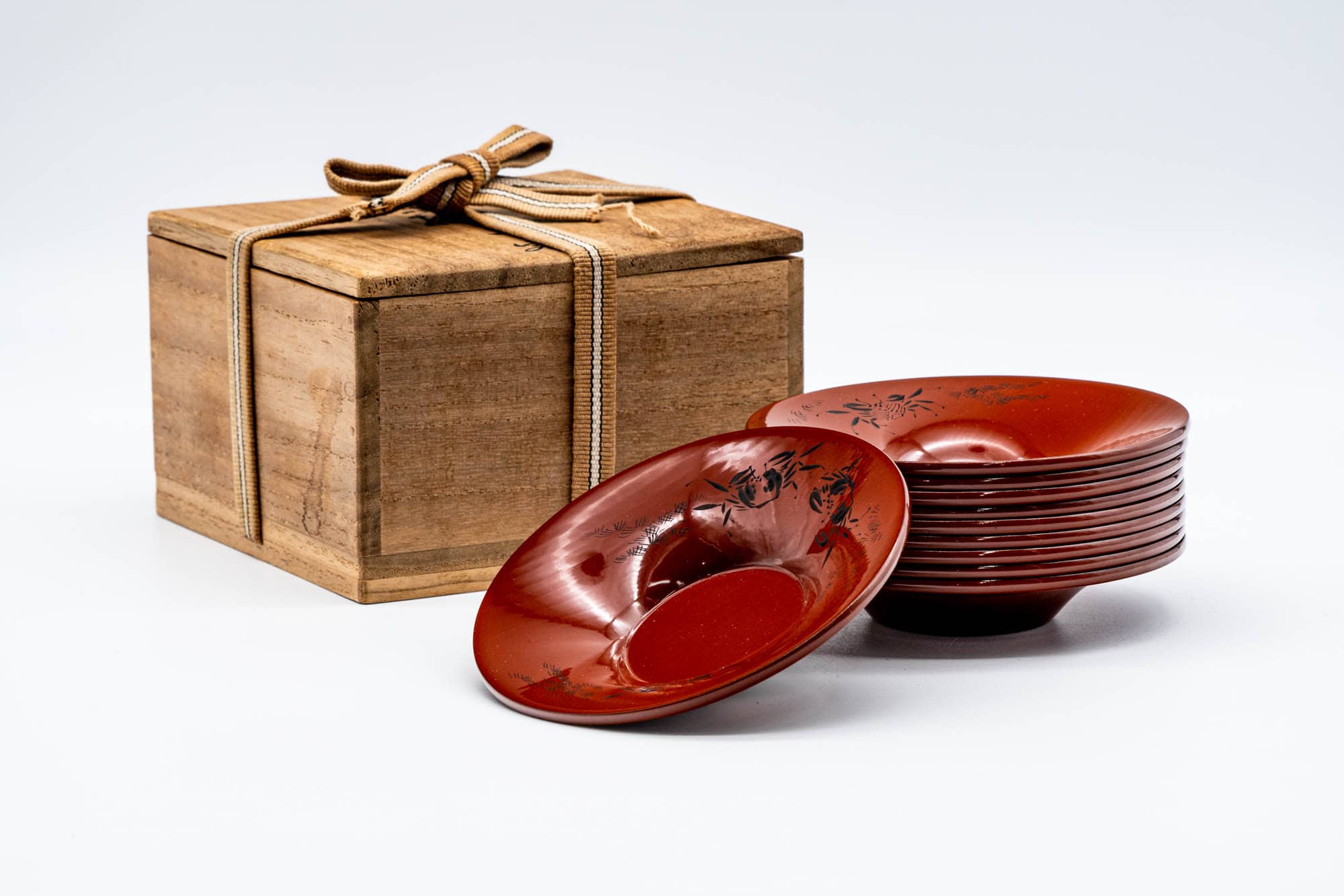 Japanese Chataku - Set of 10 Crab Red Lacquered Tea Saucers