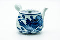 Japanese Kyusu - Blue Floral Arita-yaki Ceramic Filter Teapot - 400ml - three-quarter front view showing the blue floral motif and lid knob