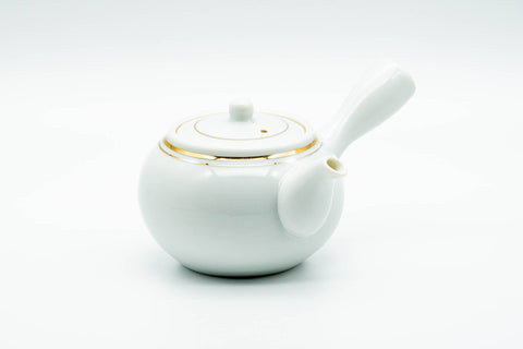 Japanese Kyusu - White Porcelain Gold Trim Arita-yaki Debeso Teapot - 140ml - side view of the white porcelain teapot