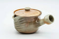 Beige weathered Hagi-yaki kyusu, three-quarter view from the rear with the spout to the right