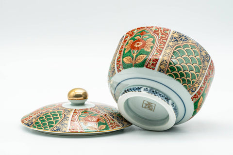 Japanese Teacup - Floral Geometric Gold Arita-yaki Lidded Yunomi - 140ml