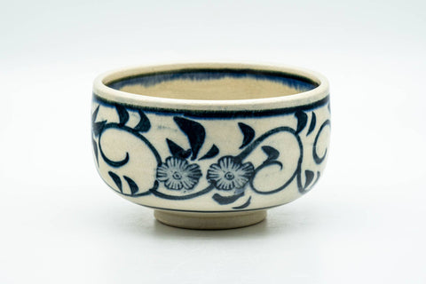Japanese Matcha Bowl - Blue Floral Geometric Hantsutsu-gata Chawan - 350ml - Tezumi