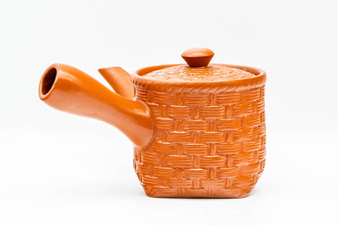 Japanese Kyusu - Basket-Patterned Red Shudei Tokoname-yaki Mesh Teapot - 160ml - opposite side profile