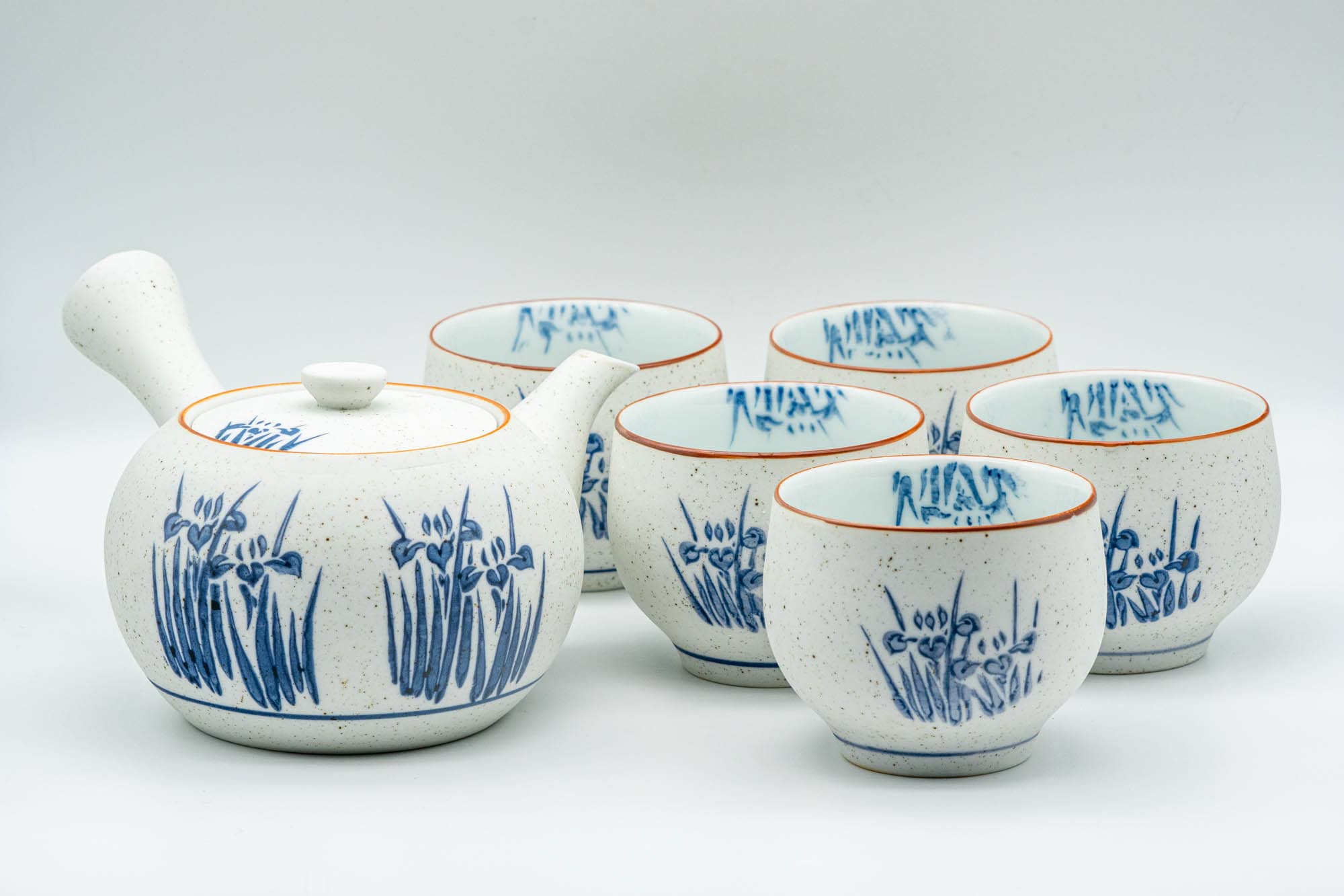 Japanese Tea Set - Blue Floral White Matte Glazed Arita-yaki Debeso Kyusu Teapot with 5 Yunomi Teacups - Tezumi