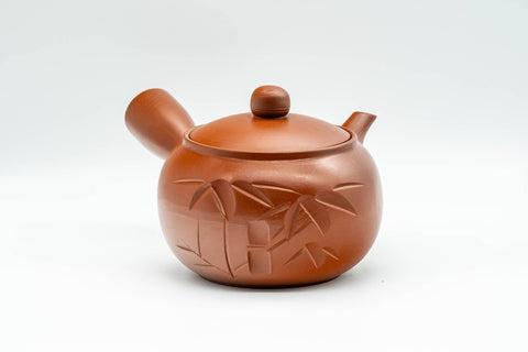 Japanese Tea Set - Bamboo Engraved Tokoname-yaki Debeso Kyusu Teapot with 4 Yunomi Teacups - side view of the teapot