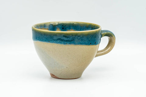 Tezumi — Japanese Teacup - Blue Drip-Glazed Agano-yaki Ushirode Yunomi - 140ml — front view from another angle