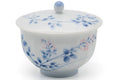 Close view of the cup with lid on, showing the blue blossom design.
